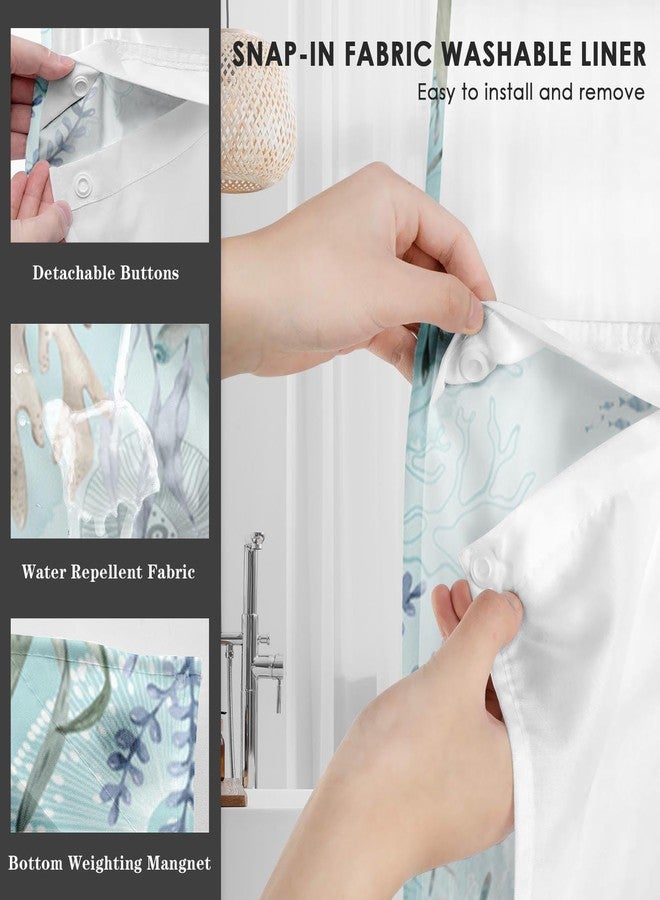 Nesphy No Hook Nautical Blue Sea Turtles Shower Curtain with Snap in Fabric Liner Set, Ocean Beach Double Layers Waterproof Fabric with See Through Top Window Open Grommet Bath Curtain 71x74 Inch - Image 4